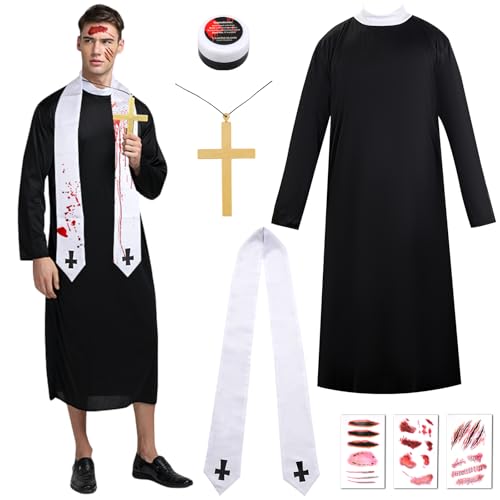 CMANLNYK Halloween-Zombie-Priester-Kostüm-Set beinhaltet Robe, Stola, Kunststoff-Kreuz-Aufkleber, Kunstblut-Gel für Herren, Halloween-Verkleidungen CMANLNYK Halloween-Zombie-Priester-Kostüm-Set beinhaltet Robe, Stola, Kunststoff-Kreuz-Aufkleber, Kunstblut-Gel für Herren, Halloween-Verkleidungen von CMANLNYK