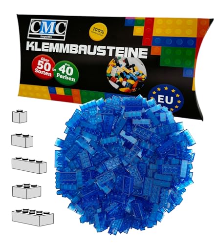 CMC imports 100 Klemmbausteine Bausteine 1x1-1x2-1x4-2x2-2x4 Noppen Grundbausteine Kompatibel Basic Bricks Farben freie Auswahl (192 - Blau Transparent) von CMC imports