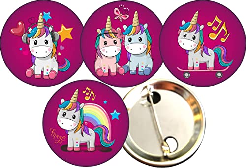 CMC imports 4 Kinder Button Anstecker Einhorn Piraten Monster Totenkopf Mitgesel Geburtstag (4er Set Einhorn) von CMC imports