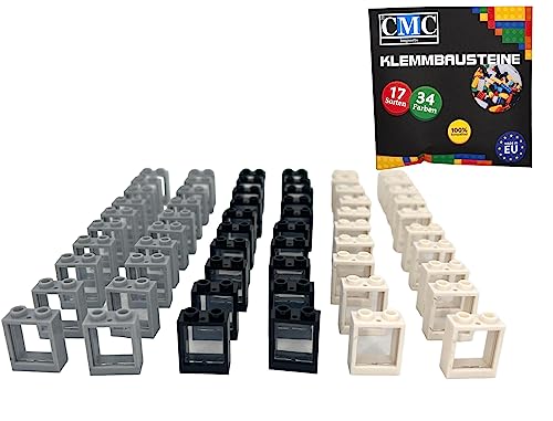 CMC imports 60 x Fenster mit Scheibe Klemmbausteine Grau/Weiß/Schwarz Bausteine 1x2x2 Noppen Fensterrahmen von CMC imports