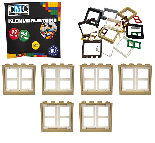 CMC imports Klemmbausteine 6 Fenster + Fensterrahmen 1x4x3 Noppen City Gebäude Stadt 60594 (Beige - Weiß) von CMC imports