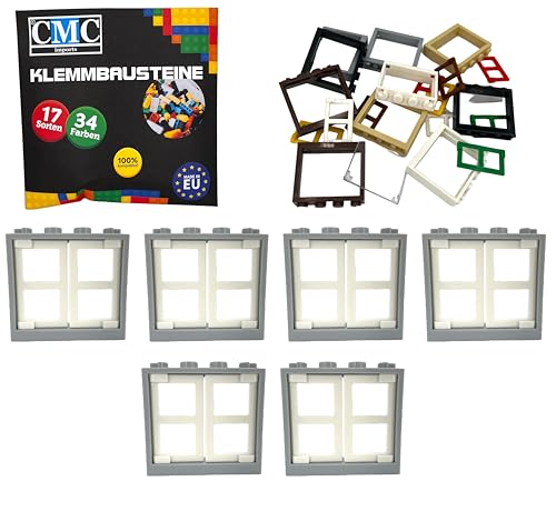 CMC imports Klemmbausteine 6 Fenster + Fensterrahmen 1x4x3 Noppen City Gebäude Stadt 60594 (Hellgrau - Weiß) von CMC imports