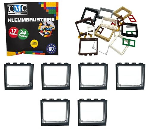CMC imports Klemmbausteine 6 Fenster + Fensterrahmen 1x4x3 Noppen City Gebäude Stadt 60594 (Schwarz - Transparent) von CMC imports