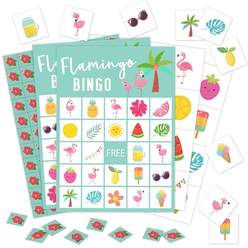 24 Spieler Flamingo Party Bingo Spiel Karten, Hawaii Bingo Spiel für große Gruppe, tropische Sommerparty Bingo-Spielaktivität für Familie Freund Erwachsene Urlaub -09 von CMHIE