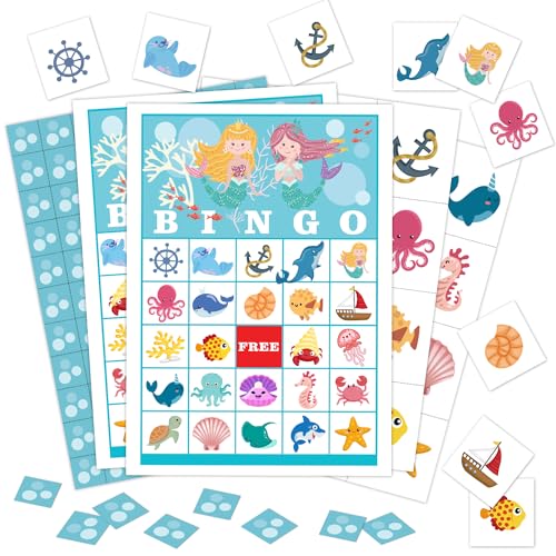 24 Spieler Meerjungfrau Party Bingo Spielkarten, Unter dem Meer Bingo-Spiel für große Gruppe, Ozean-Party-Bingo-Spiel-Aktivität für Familie, Freund, Erwachsene, Urlaub -03 von CMHIE