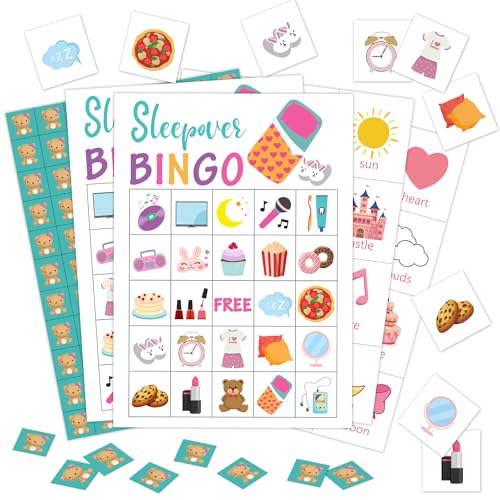 24 Spieler Sleepover Party Bingo Spielkarten, Schlummerparty Bingo-Spiel für große Gruppen, Pyjama-Party, Bingo-Spiel, Aktivität für Familie, Freund, Erwachsene, Urlaub -06 von CMHIE
