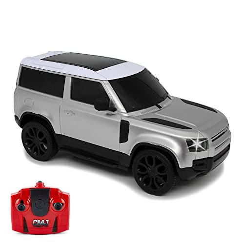 CMJ RC CARS Land Rover Defender Offiziell Lizenziertes ferngesteuertes Auto 1:24 mit funktionierenden LED-Lichtern, funkgesteuertes Supercar (Silber) von CMJ RC CARS