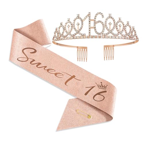 CNAFGBGG 16. Geburtstag Sash und Tiara Strass -Geburtstag Tiara Geschenke für Frauen Mädchen Halloween Dekorationen Partyzubehör Roségold Nummer 16 CNAFGBGG 16. Geburtstag Sash und Tiara Strass -Geburtstag Tiara Geschenke für Frauen Mädchen Halloween Dekorationen Partyzubehör Roségold Nummer 16 von CNAFGBGG