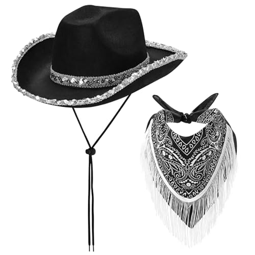 CNAFGBGG 2pcs/Set Cowboyhut und Bandana Black Cowboyhut und HELCKSCARF mit Fringe Glitter Bandana -Accessoires für Cosplay -Kostüm -Kostümparty. CNAFGBGG 2pcs/Set Cowboyhut und Bandana Black Cowboyhut und HELCKSCARF mit Fringe Glitter Bandana -Accessoires für Cosplay -Kostüm -Kostümparty. von CNAFGBGG