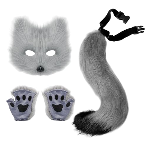 CNAFGBGG 3PCS/Set Pelzy Costum, graue pelzige Fuchsmaske, einstellbare Therian -Schwanz und Flauschige Pfotenhandschuhe für die Halloween -Party. CNAFGBGG 3PCS/Set Pelzy Costum, graue pelzige Fuchsmaske, einstellbare Therian -Schwanz und Flauschige Pfotenhandschuhe für die Halloween -Party. von CNAFGBGG