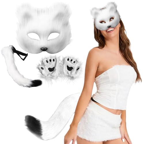 CNAFGBGG 3pcs/Set Therian Getriebe, Therian Maske und Schwanz, Handschuhe Set halb Gesichtsfuchsmaske mit verstellbarem Schnallen pelziger Schwanz für Halloween -Cosplay -Fuchsmaske. CNAFGBGG 3pcs/Set Therian Getriebe, Therian Maske und Schwanz, Handschuhe Set halb Gesichtsfuchsmaske mit verstellbarem Schnallen pelziger Schwanz für Halloween -Cosplay -Fuchsmaske. von CNAFGBGG