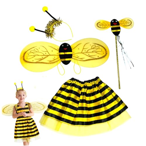 CNAFGBGG 4PCS/Set Bienenkostüm Kids, Bienenkostüm -Set umfasst gelber Flügel, gestreifte Rock, Antenna -Stirnband & Zauberstab für Halloween -Cosplay, Festivals und Themenpartys. von CNAFGBGG