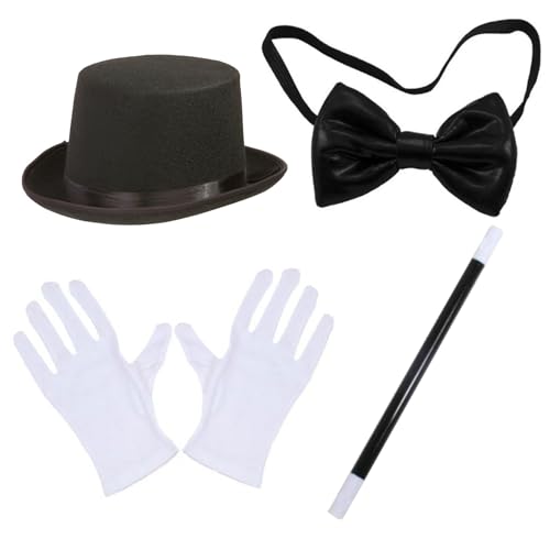 CNAFGBGG 4PCS/Set Magier Kostüm Halloween Magier Kit mit hoher Hut-, Zauberstab-, Handschuhe und Fliege Kostüm Erwachsener für Partys, Cosplay und Themenveranstaltungen. von CNAFGBGG