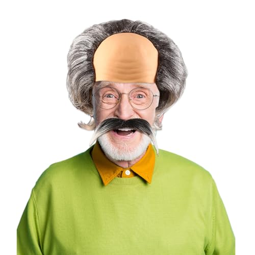 CNAFGBGG Alte Mann Kostüm Halloween Kostüme alte Mann Perücke und gefälschte Bartkostüm kahle Perücke Kappe ＆ künstliche Schnurrbart Set für Cosplay Dress up Carnival Halloween Party .. von CNAFGBGG