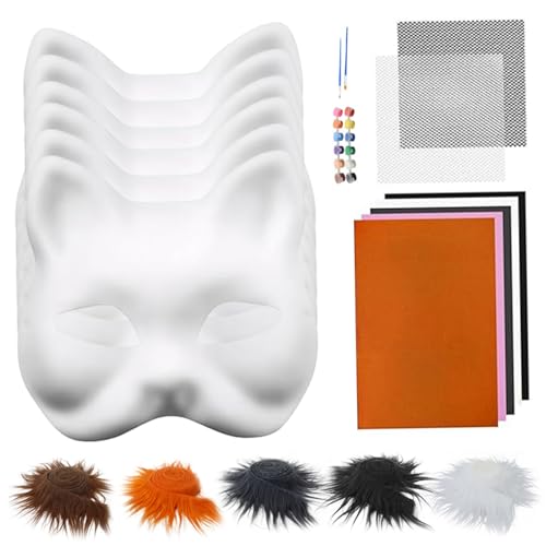 CNAFGBGG Das 1Set Therian Mask Kit enthält 6 DIY Blank Cat-Maske mit 5 Kunstfurr, 4 Augennetzblatt, 5 Filzgewebe, 12-Farben-Piants und 2 Pinsel für Halloween-Maskerade-Cosplay-Party. von CNAFGBGG