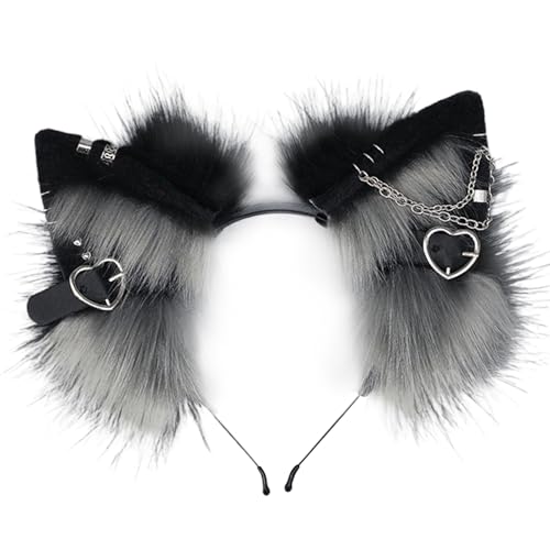 CNAFGBGG Katzenohren Stirnband, 1PCS Pelzige Ohren Kopfbedeckung mit Metallherz und Kettendekor, Gothic Punk Therian, Tierhaarband für Cosplay -Kostüm, Schwarz und Grau .. CNAFGBGG Katzenohren Stirnband, 1PCS Pelzige Ohren Kopfbedeckung mit Metallherz und Kettendekor, Gothic Punk Therian, Tierhaarband für Cosplay -Kostüm, Schwarz und Grau .. von CNAFGBGG