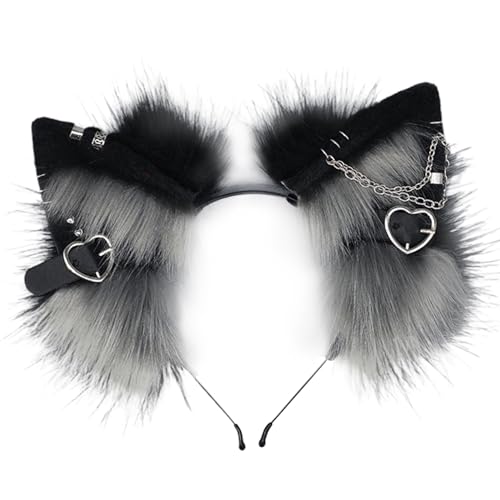 CNAFGBGG Katzenohren Stirnband, 1pcs pelzige Ohren Kopfbedeckung mit Metallherz und Kettendekor, Gothic Punk Therian, Tierhaarband für Cosplay -Kostüm, Schwarz und Grau von CNAFGBGG