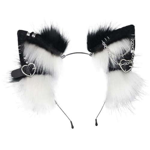 CNAFGBGG Katzenohren Stirnband, 1pcs pelzige Ohren Kopfbedeckung mit Metallherz und Kettendekor, Gothic Punk Therian, Tierhaarband für Cosplay -Kostüm, Schwarz und Weiß .. CNAFGBGG Katzenohren Stirnband, 1pcs pelzige Ohren Kopfbedeckung mit Metallherz und Kettendekor, Gothic Punk Therian, Tierhaarband für Cosplay -Kostüm, Schwarz und Weiß .. von CNAFGBGG