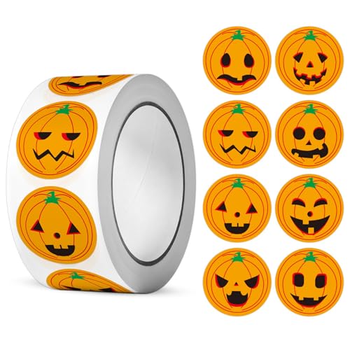 CNAFGBGG Kürbisaufkleber 1 Roll (500pcs) 8 Ausdrücke Aufkleber Rollen entzückende Halloween -Aufkleber für Süßigkeitengeschenke, Kindertag, Kürbisparty, Halloween -Party -Dekorationen. von CNAFGBGG