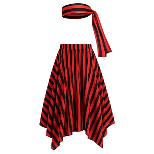 CNAFGBGG Piratenkleid und Kopfschal, rote und Schwarze Streifen Piratenrock mit elastischem Bund für Frauen Halloween Kostüm, L. CNAFGBGG Piratenkleid und Kopfschal, rote und Schwarze Streifen Piratenrock mit elastischem Bund für Frauen Halloween Kostüm, L. von CNAFGBGG