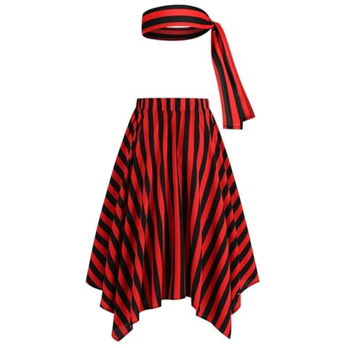 CNAFGBGG Piratenkleid und Kopfschal, rote und Schwarze Streifen Piratenrock mit elastischem Bund für Frauen Halloween Kostüm, M. CNAFGBGG Piratenkleid und Kopfschal, rote und Schwarze Streifen Piratenrock mit elastischem Bund für Frauen Halloween Kostüm, M. von CNAFGBGG