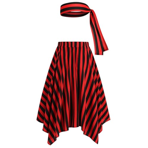 CNAFGBGG Piratenkleid und Kopfschal, rote und Schwarze Streifen Piratenrock mit elastischem Bund für Frauen Halloween Kostüm, S. CNAFGBGG Piratenkleid und Kopfschal, rote und Schwarze Streifen Piratenrock mit elastischem Bund für Frauen Halloween Kostüm, S. von CNAFGBGG