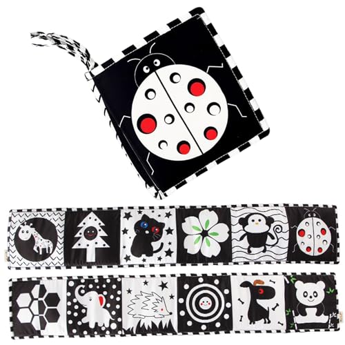 CNAFGBGG Schwarz-Weiß-Babybuch mit niedlichem Muster 0-6 6-12 Monate Weiches Bauchzeitspielzeug mit 4 Seilen waschbar, farblich und wiederverwendbares Schwarz-Weiß-Babyspielzeug für Babys. von CNAFGBGG
