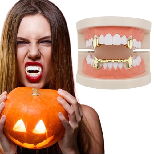 CNAFGBGG Vampirzähne 1Set Golden Glossy Plated Hip Hop Fangs für Cosplay -obere Bodenzähne für Männer und Frauen Vampirzubehör für Halloween -Kostüm -Cosplay. von CNAFGBGG