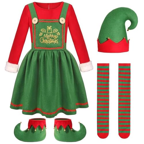 CNAFGBGG Weihnachts -Elfen -Kostüm -Set für Mädchen Elf Kostüm umfasst Kleid, Schuhe, Hut und Strümpfe für das Weihnachtsfeiertag -Party -Outfit, 110. von CNAFGBGG