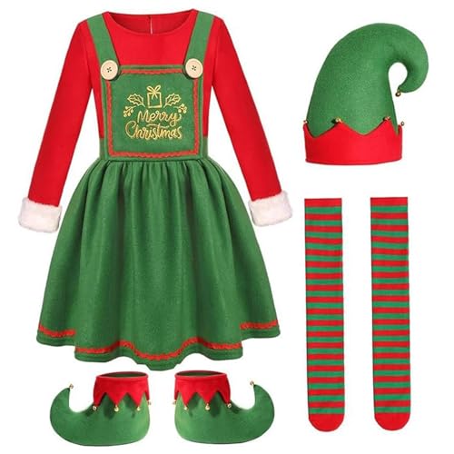 CNAFGBGG Weihnachts -Elfen -Kostüm -Set für Mädchen Elf Kostüm umfasst Kleid, Schuhe, Hut und Strümpfe für das Weihnachtsfeiertag -Party -Outfit, 120. von CNAFGBGG