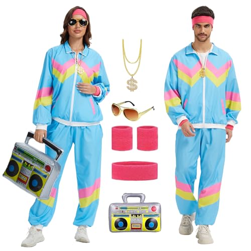 CNVAUIE 80er 90er Jahre Outfit Herren Damen Retro Trainingsanzug,Disco Ganzkörperanzug Hip Hop Sportanzug Set,Jogginganzüge,Streetwear Trainingsanzug Kostüm, Faschingskostüme (Blau, 3XL) von CNVAUIE
