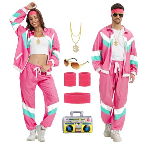 CNVAUIE 80er 90er Jahre Outfit Herren Damen Retro Trainingsanzug,Disco Ganzkörperanzug Hip Hop Sportanzug Set,Jogginganzüge,Streetwear Trainingsanzug Kostüm, Faschingskostüme (Rosenrot, XL) von CNVAUIE