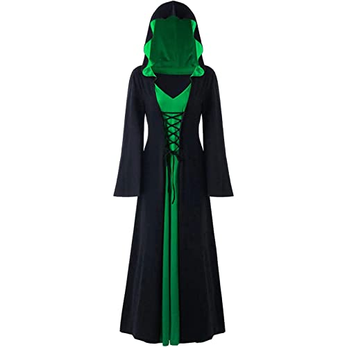 CNVAUIE Halloween Vintage Hexe Kleid, Frauen Renaissance Mittelalter Kostüm Kleid, Halloween Vampir Hexe Kapuze Kostüm (schwarz-grün, L) von CNVAUIE