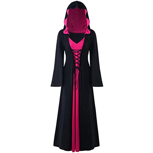 CNVAUIE Halloween Vintage Hexenkleid Frauen Renaissance Mittelalter Kostüm Kleid Halloween Vampir Hexe Kapuzenkostüm (Schwarz/Rosa, M) von CNVAUIE