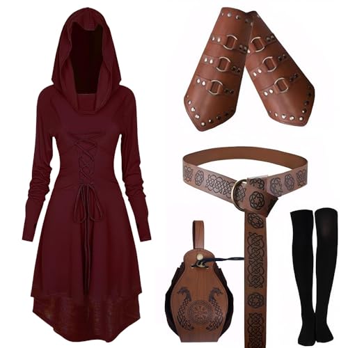 CNVAUIE Mittelalter Kleidung Kostüm Damen Set Mittelalterliches Kapuzenkleid Set Renaissance Kostüm Set mit Armschützern Gürtel Gürteltasche Strümpfe Zubehör (Weinrot, L) von CNVAUIE
