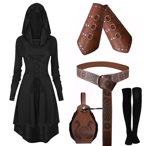 CNVAUIE Mittelalter Kleidung Kostüm Damen Set Mittelalterliches Kapuzenkleid Set Renaissance Kostüm Set mit Armschützern Gürtel Gürteltasche Strümpfe Zubehör (schwarz, S) von CNVAUIE