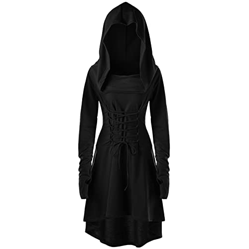 CNVAUIE Renaissance Kostüm Damen Gewand Mittelalterliches Kapuzenkleid Gothic Kleid Cosplay für Halloween Karneval (schwarz, 2XL) von CNVAUIE