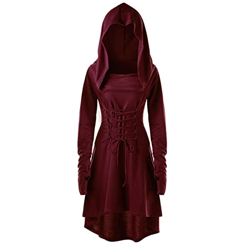 CNVAUIE Renaissance Kostüm Damen Gewand Mittelalterliches Kapuzenkleid Gothic Kleid Cosplay für Halloween Karneval (weinrot, 3XL) von CNVAUIE