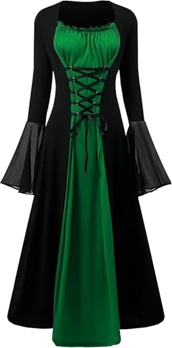 CNVAUIE Renaissance Kostüm Frauen Mittelalterliches Kleid mit Trompetenärmel Gotisch Maxikleid Karneval Halloween Party (Grün, M) von CNVAUIE