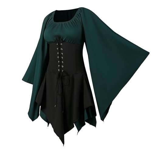 CNVAUIE Renaissance Kostüm Frauen Mittelalterliches Kleid mit Trompetenärmel Gotisch Maxikleid Karneval Halloween Party (grüner, XL) von CNVAUIE