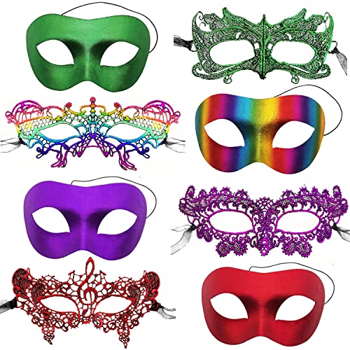 CNYMANY 8 Stk Spitzenmasken für Paare Sexy Augenmaske für Frauen Männer zum Ballfest Venezianische Maskerade Kostüm - Grün, Rot, Lila, Mehrfarbig von CNYMANY