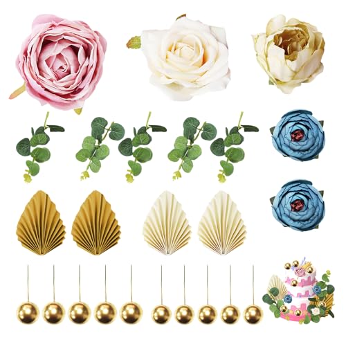 24 Stück Set Tortendekoration, dekorative Simulation Blumen, Vintage Tortendekoration, Tortenkugel Zubehör, Faltfächer Einsätze, kreative Dessert Dekoration, Geburtstagstorten Einsätze von COACOM