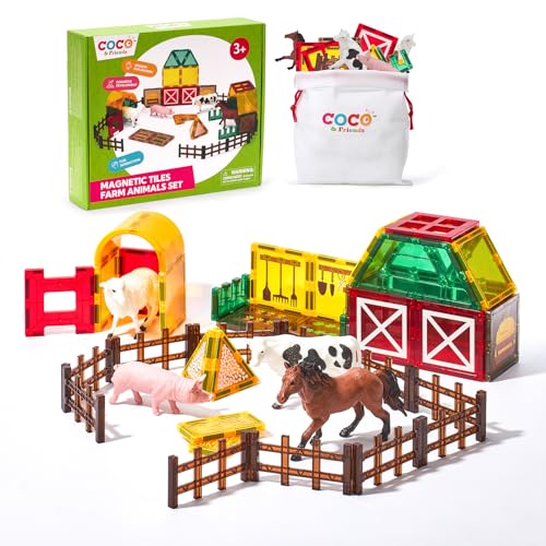 COCO&Friends Magnetische Bausteine Bauernhof Set,Magnetbausteine Kinderspielzeug mit 4 Tieren Schwein, Schaf, Kuh,Pferd,Montessori Spielzeug ab 3 4 5 6 7 Jahre,Geschenke für Jungen Mädchen von COCO&Friends