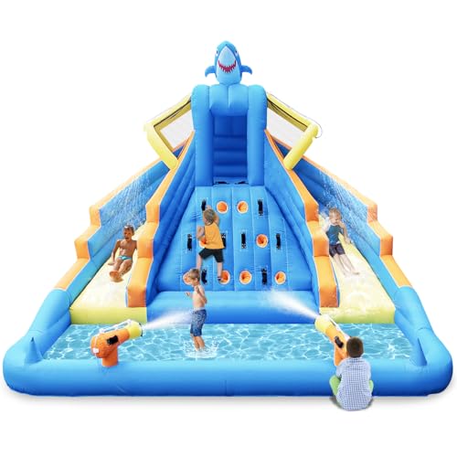 Aufblasbare Wasserrutsche, Hai-Thema, großes Hüpfhaus mit Doppelrutschen, Kletterwand, tiefem Pool, Wasserkanone, 680 W Gebläse, Aufbewahrungstasche, Hinterhof-Wasserpark für Kinder im Alter von 3–10 von COCOFISH