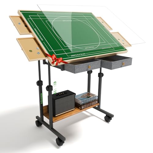 1500-teiliger Puzzletisch mit Beinen, Puzzle-Tisch mit verstellbarem 5-Neigungswinkelbrett, Puzzlebrett mit 6 Schubladen und Abdeckung, 88,9 x 66 cm, Holz-Puzzlestaffelei mit 4 Rädern für Erwachsene von CODACE