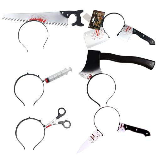 Halloween Horror Stirnbänder Halloween blutige Schere Kopf Streich Gummi Kunststoff Messer Spritze Zubehör Stirnbänder für Männer Frauen Jugendliche Horror Thriller Karneval Maskerade Zubehör (6 PCS) von CODOMOR