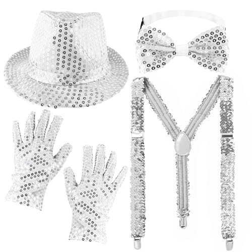 COEKI 5 Stück Disco Accessoires, Karneval Outfit Accessories, 1970er Herren Pailletten Kostüm Silber Pailletten Hut Sliver Set mit Glitzer Krawatte und Hosenträger Herren für Fasching Party. von COEKI