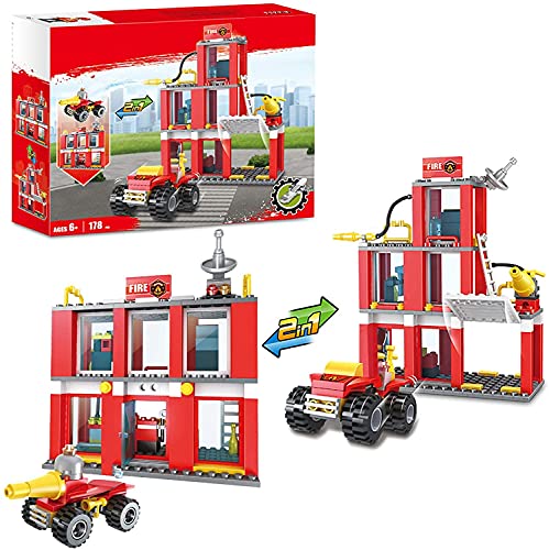 COGO 2 in 1 Feuerwehrstation Bausets mit Feuerwehrauto Stadt Feuerwehrbausteine für Kinder Konstruktionsspielzeug für Jungen und Mädchen im Alter von 6–12 Jahren 178 Stück von COGO