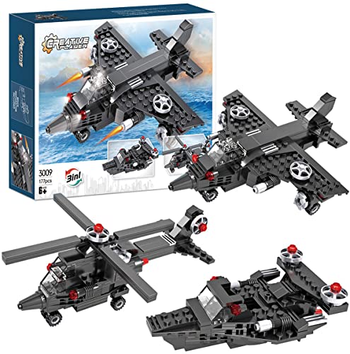 COGO Creator 3in1 Düsenflugzeug, Kanonenboot, Hubschrauber Bauspielzeugsets Flugzeug Konstruktionsspielzeug Kreatives Spielzeug Kinder 6 7 8 9 10 11 12 (177 Stück) von COGO