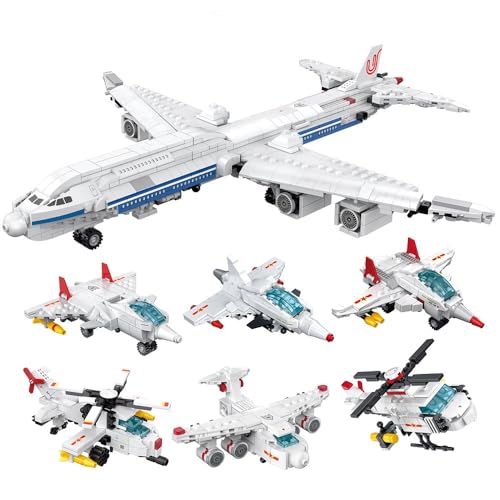 COGO Flugzeug Transformer Spielzeug, 6-in-1 Flugzeug-Hubschrauber-Jet-Roboter Set Plus Grosses Passagierflugzeug, 13 Modelle, 1043 Teile, Konstruktionsspielzeug, Für Jungen und Mädchen, Ab 6 Jahren von COGO